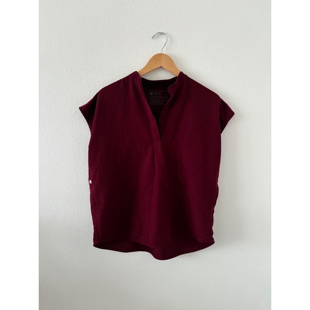 Figs Women's Sz S Rafaela Dark Red Maroon Scrub Top Button V Neck Two Pockets
